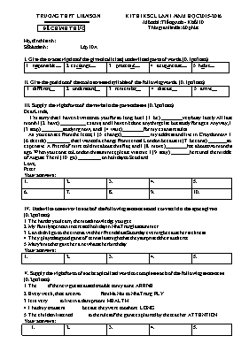 Đề khảo sát chất lượng lần I môn Tiếng Anh Lớp 10 - Năm học 2015-2016 - Trường THPT Liễn Sơn (Có đáp án)